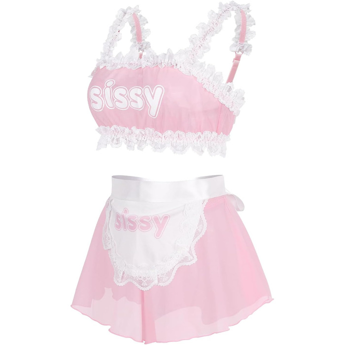 Комплект жіночої/чоловічої нижньої білизни LittleForBig з прозорого мережива: бра, труси, спідниця знімною зав'язкою (M, Рожевий)