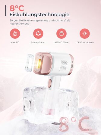 IPL-епілятор для дому з системою охолодження 8°C, лазерна епіляція з 9 рівнями інтенсивності та червоним світлом 600 нм, LCD-дисплей, для жінок та чоловіків (обличчя, тіло, бікіні), колір Rose