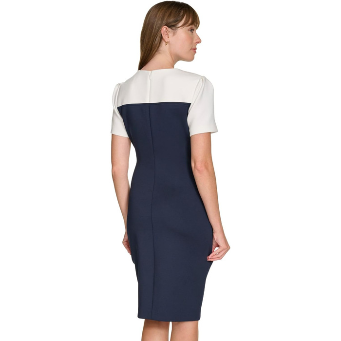 Сукня-футляр Tommy Hilfiger Scuba-Krepp, короткий рукав, з заклепками, асиметричний поділ, розмір 36-38, колір Sky Captain/Elfenbein