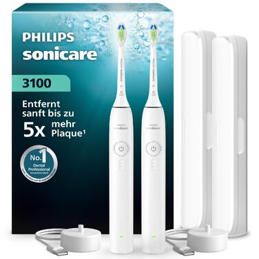 Електрична звукова зубна щітка Philips Sonicare 3100 (HX3675/13), біла, набір з 2 шт. з дорожніми футлярами, контроль натиску та таймер