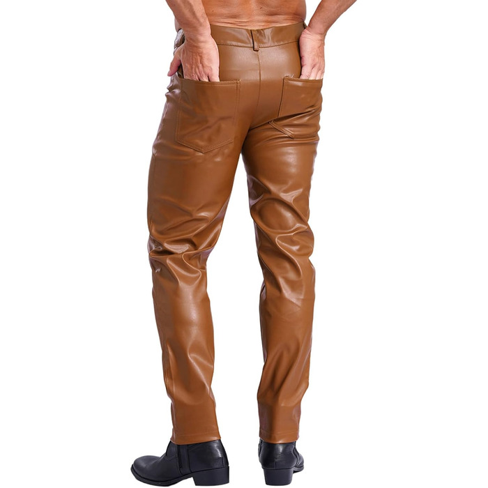 Чоловічі лосини з ефектом вологості, шкіряні лосини-легінси з виступаючими кишенями, обтягуючі, з еластичної штучної шкіри, Slim Fit, прямий крій, еротичні штани (3XL, Коричневий B)