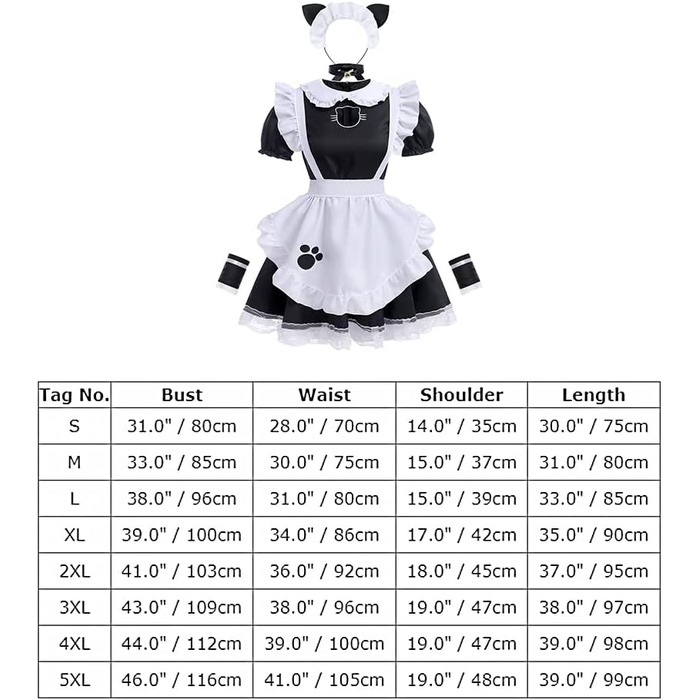 Костюм для косплею: сукня горничної, аніме, чорний, з вушками та рукавичками (5XL)