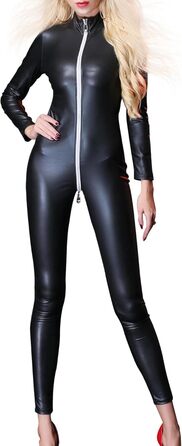 Жіночий боді з екошкіри, облягаючий, з довгим рукавом, V-подібний виріз, на блискавці, чорний (M)