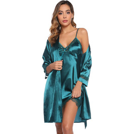 Сексуальний шовковий халат-кімоно Sykooria для жінок, комплект з 2 шт. (халат та нічне сорочка), V-подібний виріз, з поясом, для свята, білий/темно-зелений, XXL
