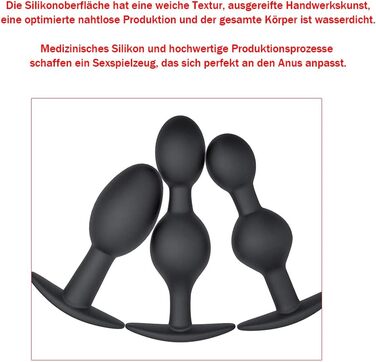 Силіконовий анальний плаг Guspiun зі сталевою кулею для масажу простати, секс-іграшка для чоловіків та жінок (Чорний, S+M+L)