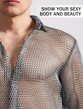 Чоловіча сітка-сорочка AIEOE: прозора сорочка з сітки, ідеальна для вечірок та свят, сірого кольору (S)