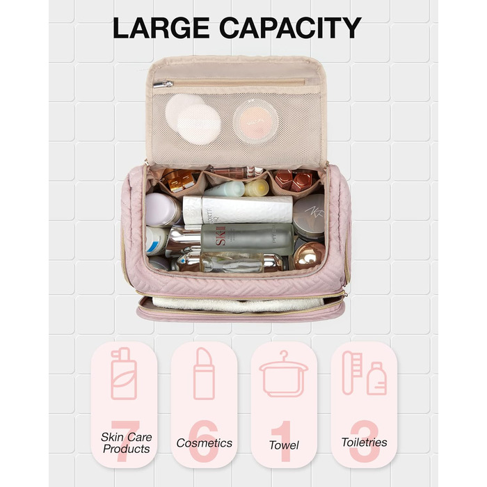 Дорожня косметичка BAGSMART для жінок, велика сумка-органайзер для косметики та аксесуарів з ручкою, рожева (M)