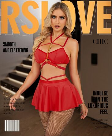 Комплект еротичної білизни RSLOVE з екошкіри (4 предмети): бюстгальтер з кісточками, мініспідниця, нашийник та стринги, червоний, розмір S
