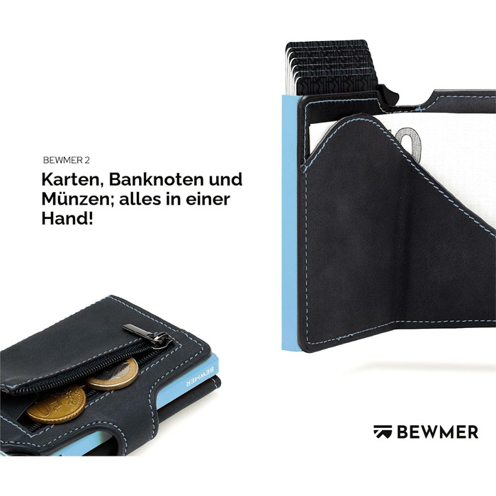 Слім-гаманець BEWMER v2 з RFID-захистом та монетницею для чоловіків та жінок, картхолдер з антиклонінгом для купюр та 9 кредитних карток (чорно-блакитний)