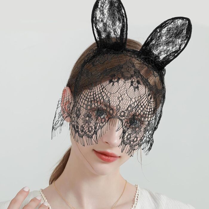 Голосний обруч з вушками кролика та мереживною маскою для жінок