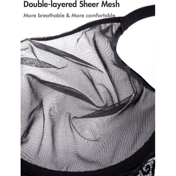 Бюстгальтер DELIMIRA з мереживом, великі розміри, прозорий сітчатий бюстгальтер з кісточками, чорний, 95D