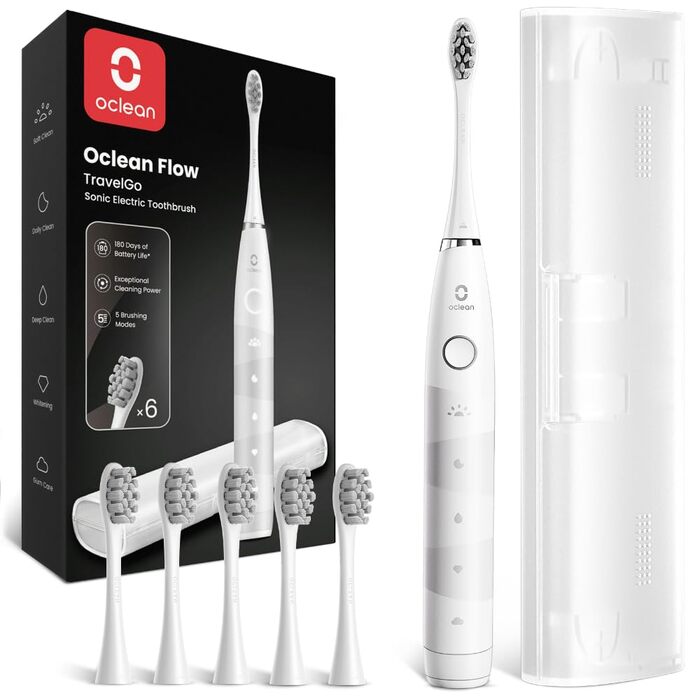 Електрична сонічна зубна щітка Oclean Flow Gift Set, біла: 5 режимів, 6 насадок, дорожній футляр, водонепроникність IPX7, акумулятор на 180 днів