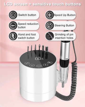 Електричний апарат для манікюру та педикюру Nagelfräser 35000 об/хв з LCD-дисплеєм, сенсорним керуванням та педаллю, білий, 6 насадок