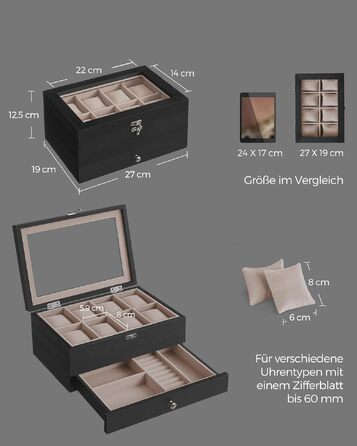 Бокс для годинників SONGMICS GISELLA з масиву дерева, скриня для зберігання годинників та прикрас із скляною кришкою, 8 відділень, колір ебенове дерево (JOW008K01)