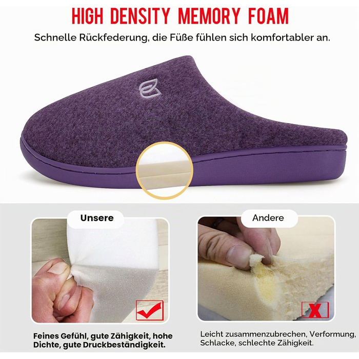 Жіночі домашні капці WateLves з ефектом пам'яті (Memory Foam), теплі зимові та осінні тапочки з штучним хутром, протиковзкі м'які капці для дому та вулиці (Фіолетові, 38/39 EU)