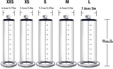 Набір пеніс-помп ScreaAss різних розмірів (9 шт.) з акрилового прозорого трубки з мірною шкалою та силіконовим шлангом для ScreaAss (ручні/електричні)