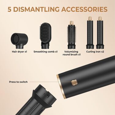 Стайлер для волосся 5 в 1 UKLISS Airstyler Pro: багатофункціональний набір для сушіння та укладки (фен, брашинг, гофре, вирівнювач), 1000 Вт, чорний