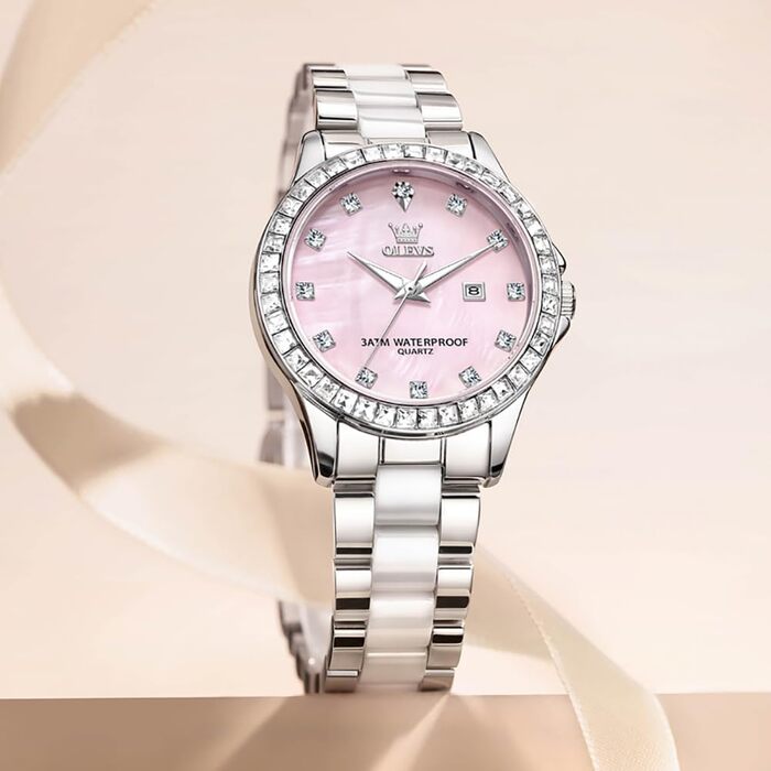 Жіночий годинник OLEVS Elegant Luxury — Рожеве золото, з діамантами та керамічним склом (модель 3651, синій циферблат)