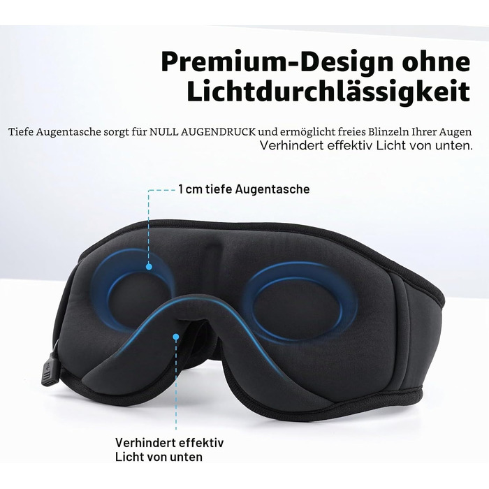 Маска для сну з Bluetooth-навушниками 3D, бездротова м'яка пов'язка на очі для сну на боці та спині, чорна