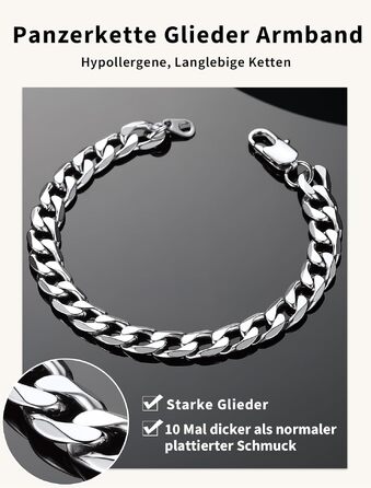 Сталевий браслет-ланцюг Panzer (кубинський) ChainsHouse для чоловіків та жінок, сріблястий, 8 мм, довжина 19 см