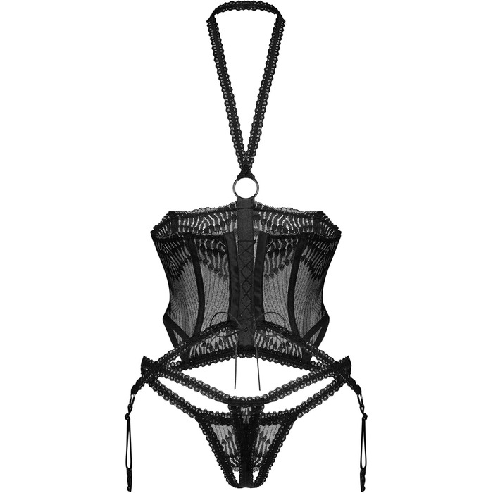 Сексуальний жіночий комплект нижньої білизни Selente Love & Fun: корсет, стрінги та шовкова маска для очей, виготовлено в ЄС. Червоний бюстгальтер з кісточками (L-XL, чорний з відкритим декольте)