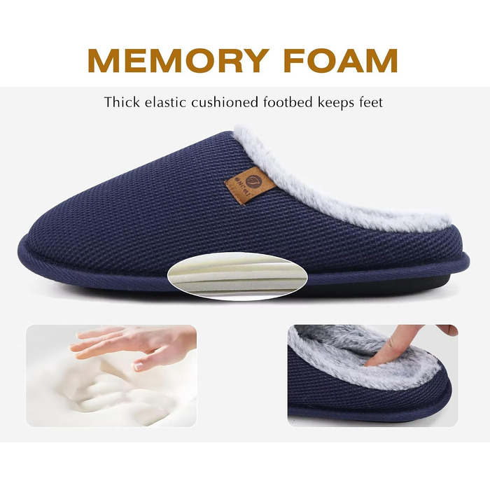 Чоловічі домашні капці ONCAI з ефектом пам'яті Memory Foam, теплі тапочки з підкладкою зі штучного хутра та гумовою підошвою, синій колір, розмір 42 EU