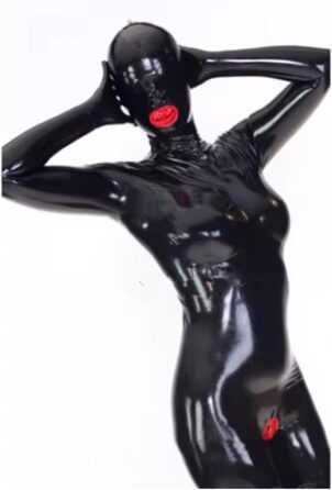 Латексні штани з капюшоном GAYLOP: комбінезон-костюм з рукавичками та шкарпетками, 3D чашки, чорний, розмір M