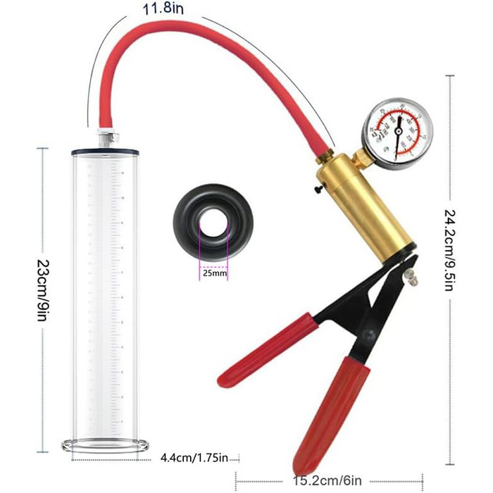 Ручна вакуумна помпа для збільшення пеніса з манометром та металевою ручкою – для збільшення, ерекції та тренування витривалості, прозора помпа для чоловіків (23 * 6.4cm) (23*4.4cm)