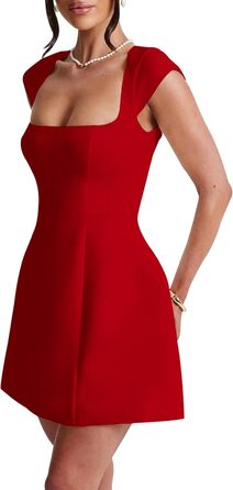 Жіноче міні-плаття LuFeng з квадратним вирізом, рукавами-крилами, повною підкладкою, блискавкою, силуетом А, для вечірок та клубів, сучасне, червоне/подорож, однотонне (Getaway Solids)