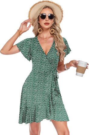 Сукня Soerkleid Daen V-подібний виріз, обгортка, висока талія, пляжна, легка, літня, темно-зелена в горошок, розмір L