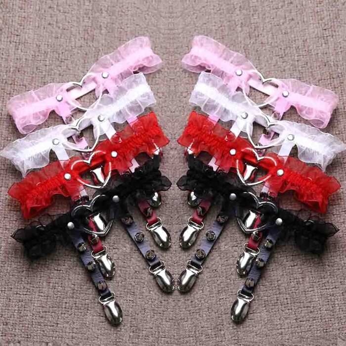 Жіночі шкіряні гетри на стегна, регульовані, з затискачами у формі серця, в стилі панк/готичний, 2 шт. (чорний, білий мереживо)