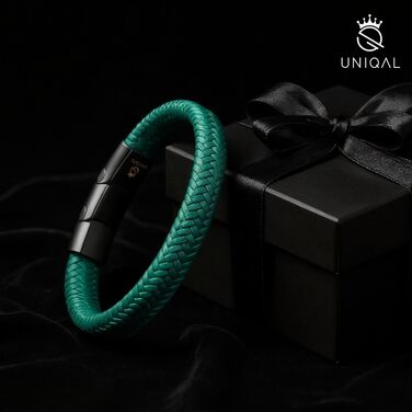 Чоловічий шкіряний браслет UNIQAL 'BRAID' з нержавіючої сталі, плетений, чорний з зеленим, 21 см (у подарунковій коробці)