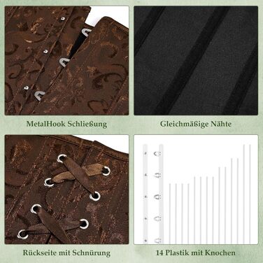 Корсет TRIWORKS для жінок: корсаж, бюстгальтер, сатиновий корсет з шнурівкою, стегновий фіксатор для Хелловіну та карнавалу, XS-XXL, коричневий