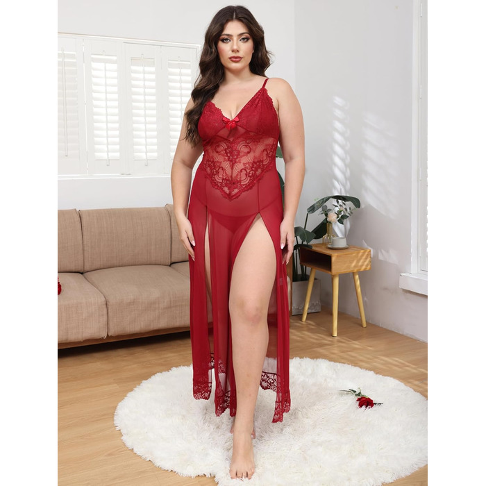 Ідеальна нічна сорочка IBAKOM Dessous з мереживом, V-подібний виріз, нічна сорочка-бабідол з розрізом, великі розміри (червоний, XXL)