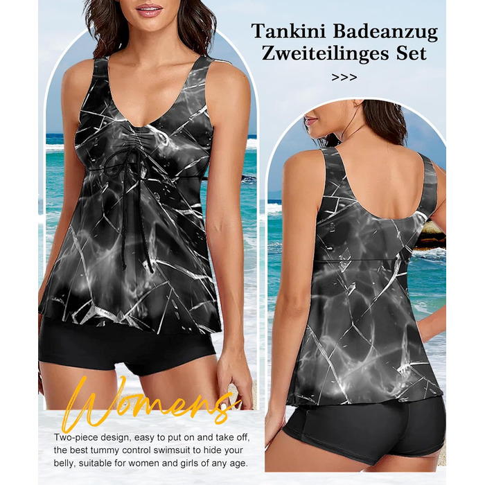 Танкіні жіночий купальник з високою талією, Push Up верхня частина з плавками, комплект двокомпонентний, літній принт, купальники для жінок, пляж, відпустка, дозвілля (Сірий море, M)