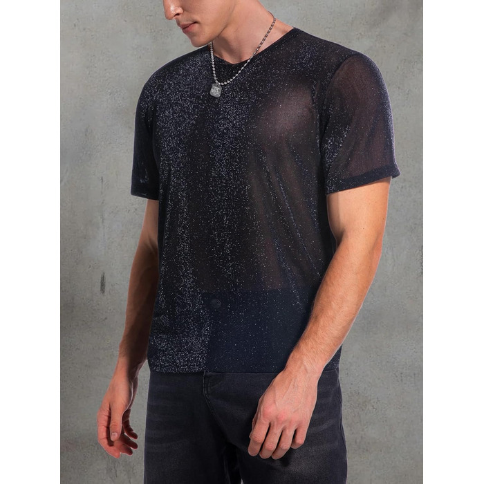 Чоловіча футболка Hawiland з блискітками, сітка, мереживо - для вечірок, клубів, рейв-вечірок. Чорний колір, розмір S