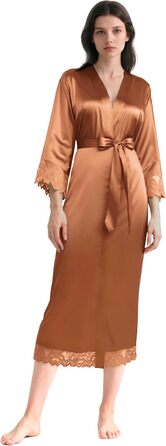 Халат жіночий довгий/короткий однотонний з мереживом, атласний, стиль кімоно, халат для дому, літній, універсальний розмір (карамель)