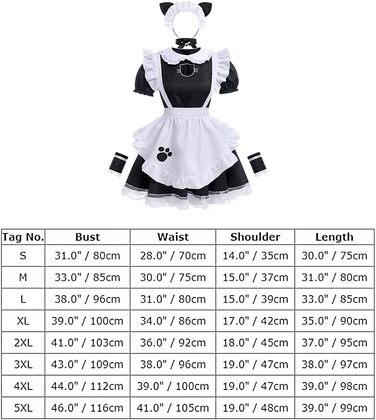 Костюм для косплею: сукня горничної, аніме, чорний, з вушками та рукавичками (5XL)
