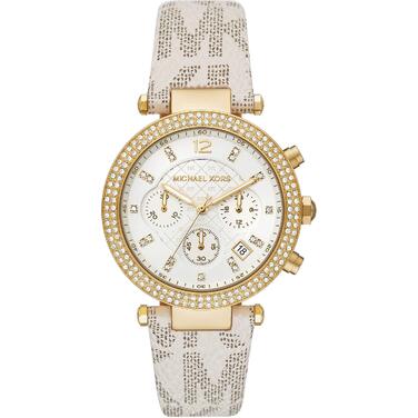 Жіночий годинник Michael Kors Parker кварцовий хронограф, сталевий ремінець, 39 мм, колір крем та золото