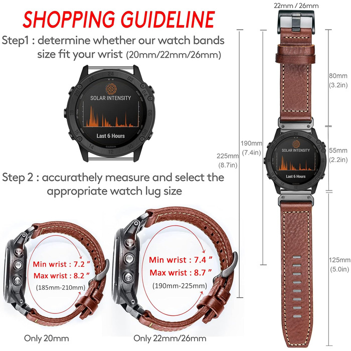Шкіряний ремінець для годинника Garmin (22мм) — Ретро-вінтажний замінний браслет для Fenix, Forerunner, Vivoactive, Approach, MARQ, Quatix, D2, коричневий з білим швом