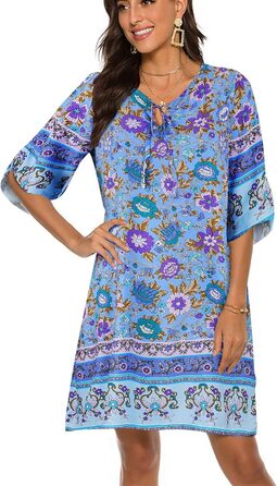 Сукня-туніка BDTECAOR Vintage Ethnostil блакитна бохо V-подібний виріз 3/4 рукав пляжна сукня зелений колір (M, Peri)