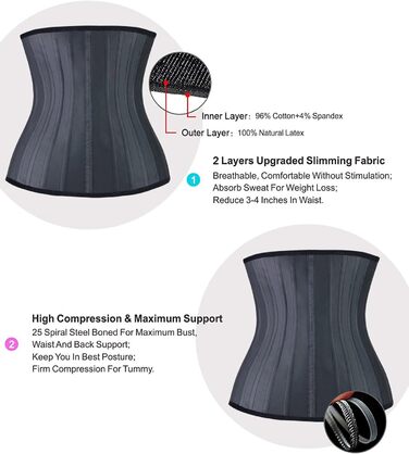 Корсет YIANNA для жінок, що підтягує живіт, з латексу, чорний, M, 25 сталевих кісток