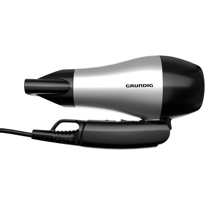 Компактний дорожній фен Grundig HD 2200 Sport & Reise, 1200 Вт, 2 режими температури та потоку повітря, складана ручка, сріблястий/чорний