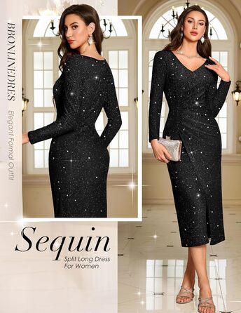 Сукня Bbonlinedress з паєтками: елегантна сукня-макси з довгим рукавом для святкових заходів (чорна, M)