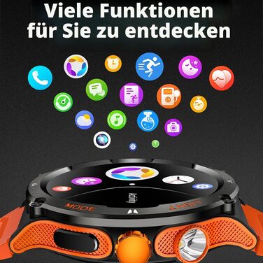 Смарт-годинник findtime Military — ударостійкий тактичний годинник з компасом, LED-ліхтариком, функцією дзвінків та моніторингом пульсу 24h, для Android та iOS (Помаранчевий)