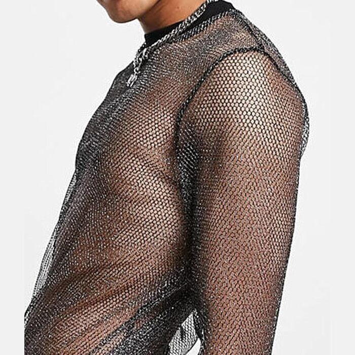 Чоловіча сітчаста футболка AIEOE з блискітками та напиленням, прозора, сітчаста сорочка, короткі/довгі моделі, клубний стиль, прозора сорочка, довгі сорочки з блискітками (XXL)