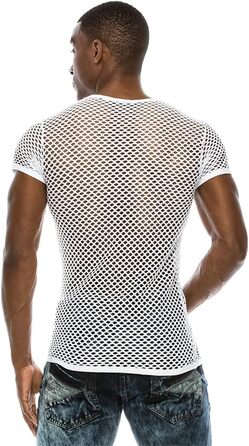 Чоловіча сітчаста футболка з прозорим дизайном, стильна, сексуальна, з короткими рукавами, для нічного клубу, вечірки, вуличної моди. Білий колір.