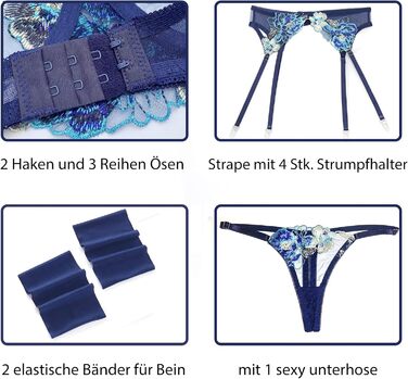 Сексуальна спідня білизна Dessous для жінок: комплект з бюстгальтером, трусиками та стрінгами з мереживом, 4 шт. (темно-синій)