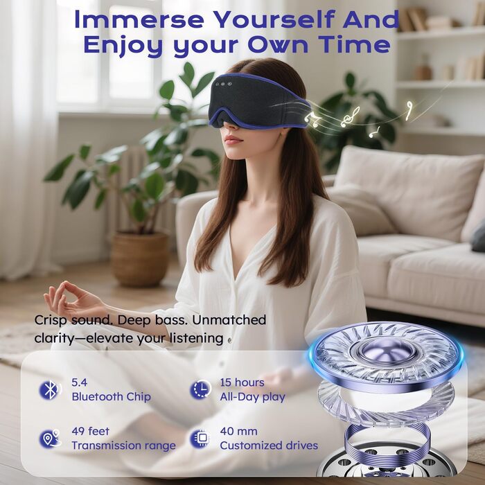 Маска для сну з Bluetooth-навушниками LC-dolida V5.4, дихаюча 3D маска для очей з мікрофоном, бавовняна мийна пов'язка для сну, подорожей та медитації (Ultramarin)