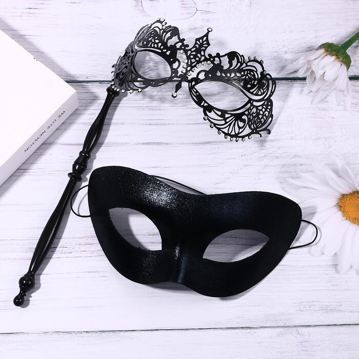 Маска для маскараду Venice Mask Set JewelryWe - пара масок з держателем, металева, з кристалами, чорна, аксесуари для карнавалу, Хелловіну, вечірки, маскарад